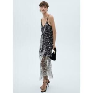 Mango Jordana Sequin Mesh Slip Dress Womens 4 Midi Sheer Overlay Sleeveless